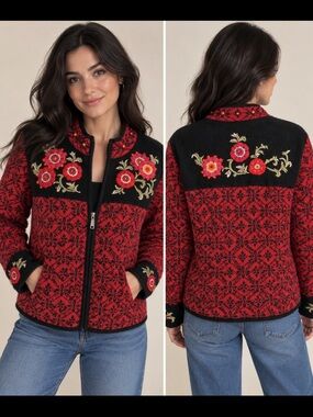 Icelandic Design Vintage Lambswool Embroidered Jacket L Red Black Nordic